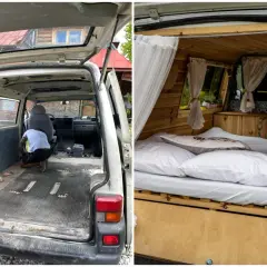 Przeróbka busa na kampera: pusta przestrzeń ładunkowa i gotowe wnętrze z łóżkiem.