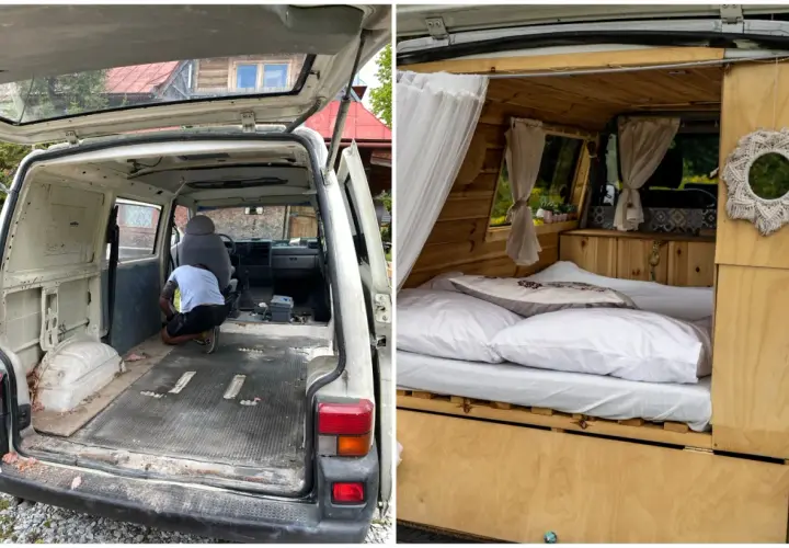 Przeróbka busa na kampera: pusta przestrzeń ładunkowa i gotowe wnętrze z łóżkiem.
