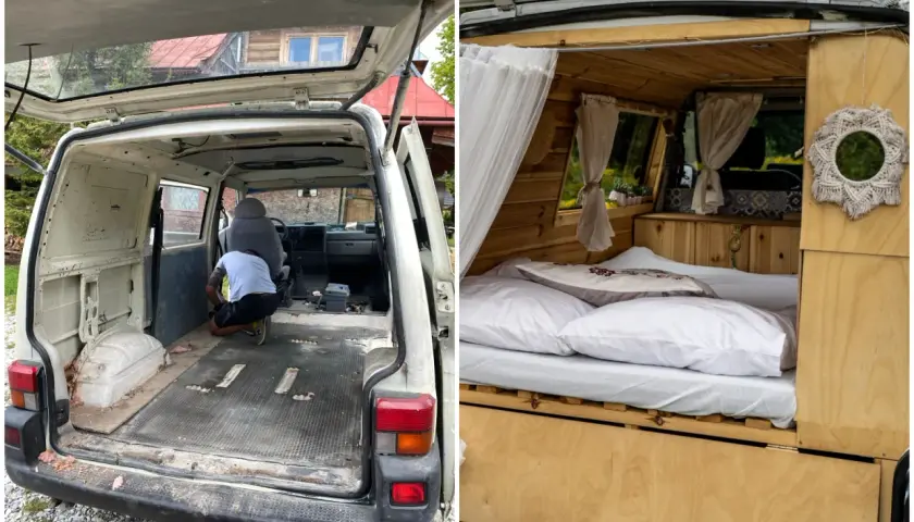 Przeróbka busa na kampera: pusta przestrzeń ładunkowa i gotowe wnętrze z łóżkiem.